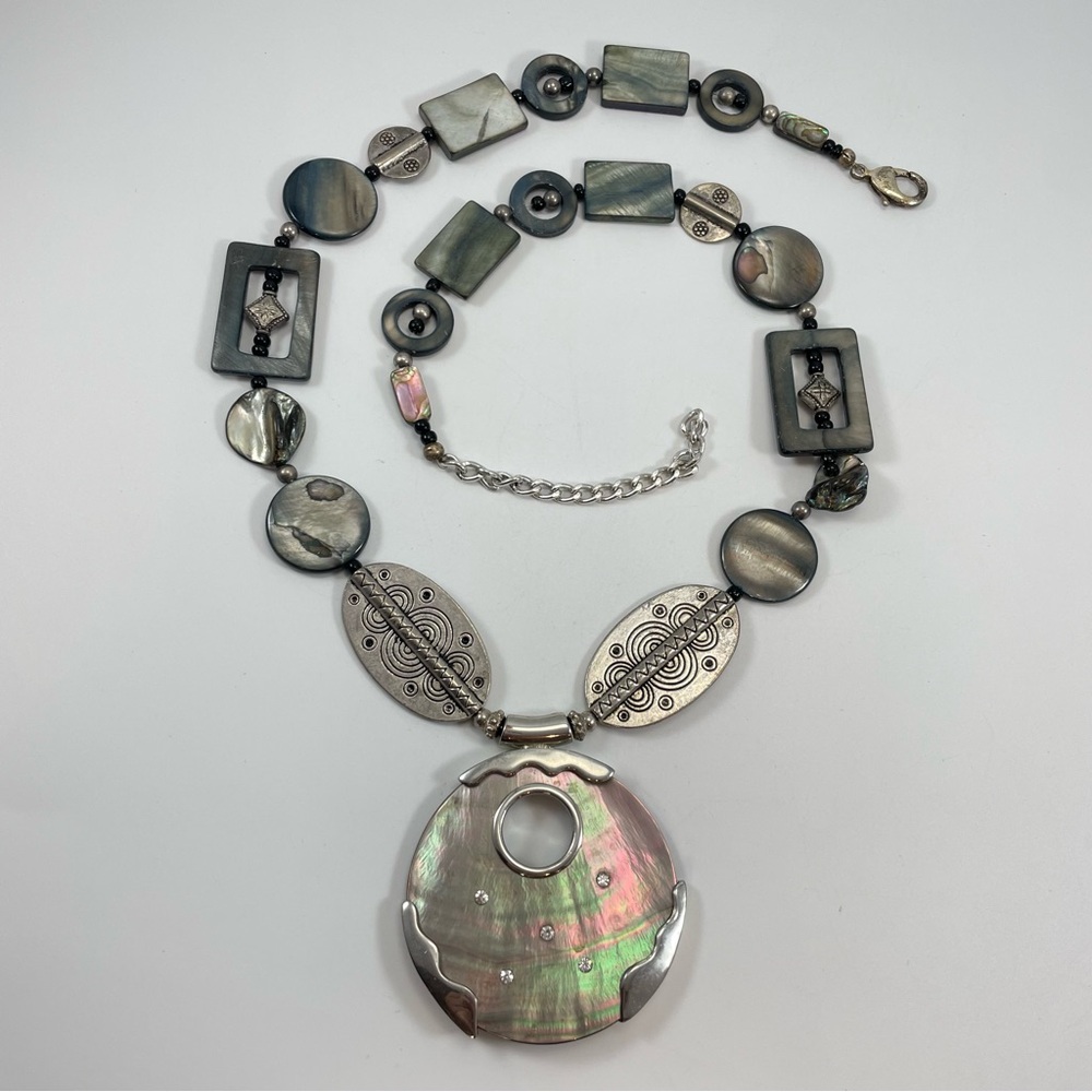 Abalone Mother of Pearl Disc Silver Tone Beaded Pendant Necklace Statement Boho